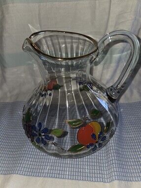 Vtg Fifth Avenue Crystal 8” Pitcher Hand Painted Fruit Romania